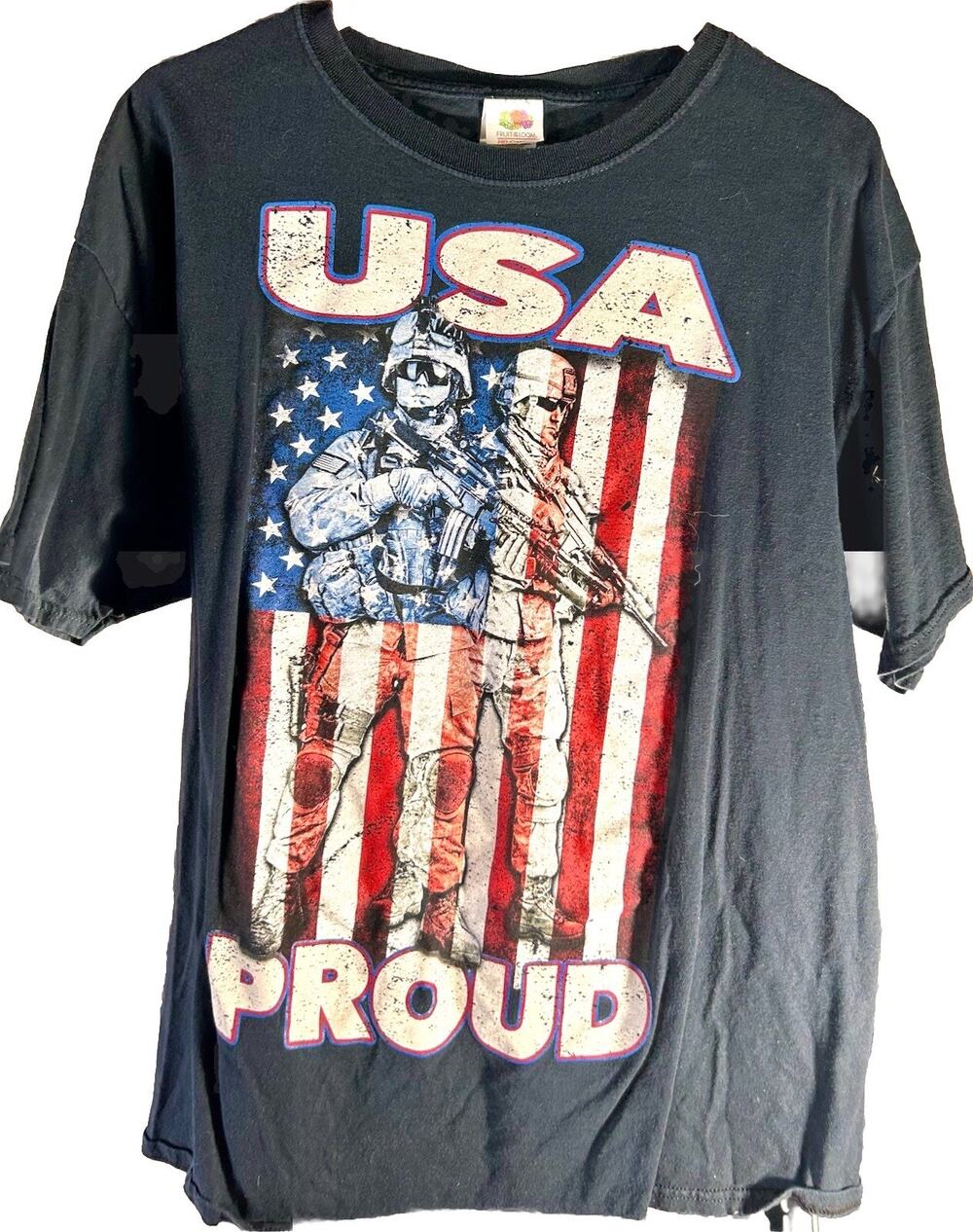🚨Retro USA PROUD American Flag Soldiers Black T Shirt Adult Size- Large 🇺🇸